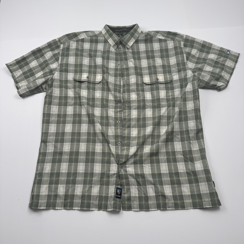 Kuhl Shirt Mens 2XL Gray Green Plaid Short Sleeve Hiking Outdoor Button Up